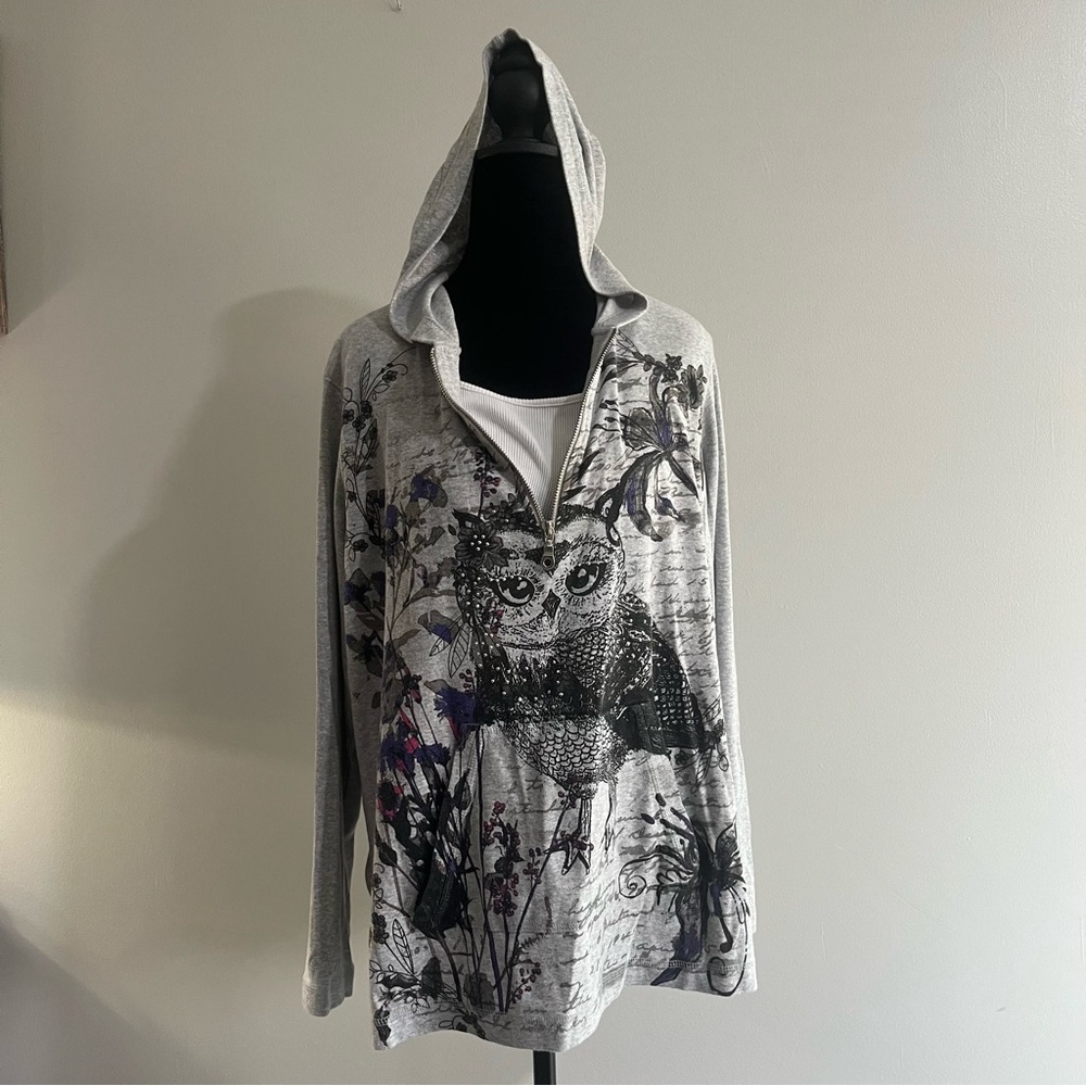 Style & Co. Grey White Ribbed Layered Owl Rhinestone Women's PLUS Hooded Shirt